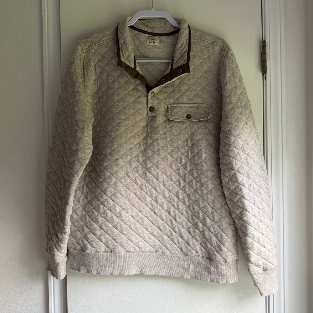 Faherty Brand Mens Epic Quilted Fleece Pullover Oatmeal Heather Grey Large L